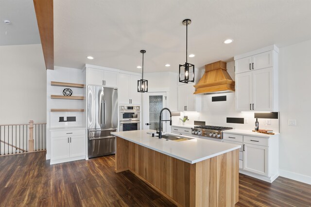 7285 E Columbia Dr, Spokane, WA 99212 - kitchen featuring stainless steel appliances, a sink, custom exhaust hood, open shelves, and dark wood-type flooring