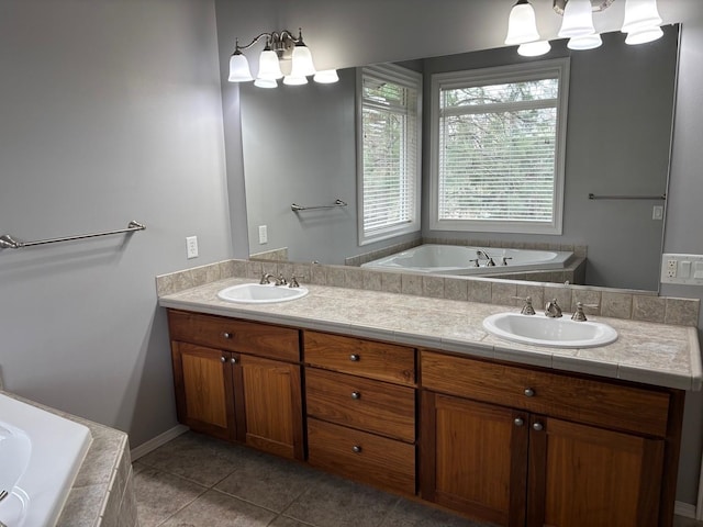 1746 W 14th Ave, Spokane, WA 99204 - full bath featuring a bath, tile patterned flooring, double vanity, and a chandelier