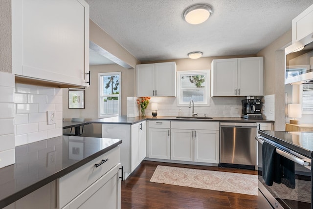 3214 E 29th Ave, Spokane, WA 99223 - kitchen with stainless steel appliances, a sink, dark countertops, tasteful backsplash, and a textured ceiling