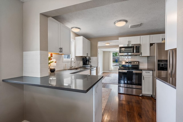 3214 E 29th Ave, Spokane, WA 99223 - kitchen featuring stainless steel appliances, a sink, dark countertops, dark wood-style flooring, and backsplash