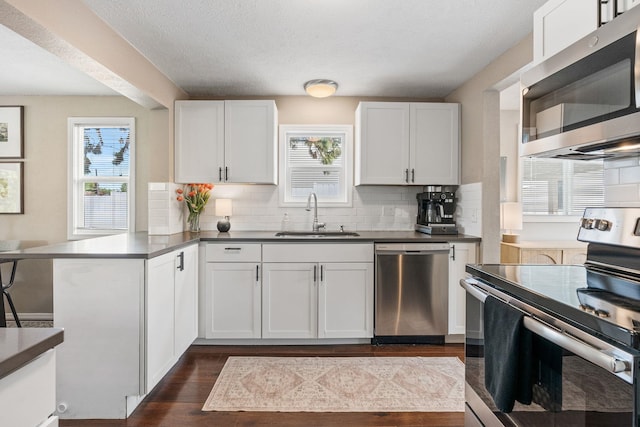 3214 E 29th Ave, Spokane, WA 99223 - kitchen featuring appliances with stainless steel finishes, a sink, a peninsula, decorative backsplash, and dark wood-type flooring
