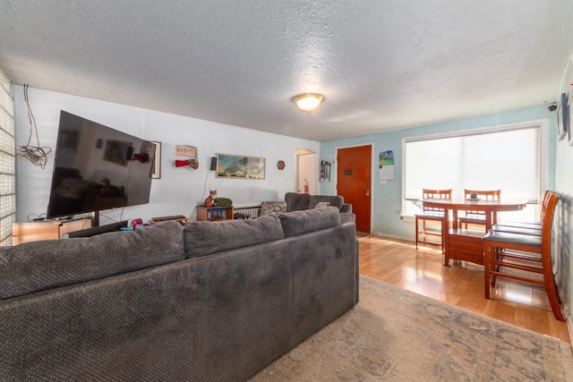 living area featuring wood finished floors and a textured ceiling