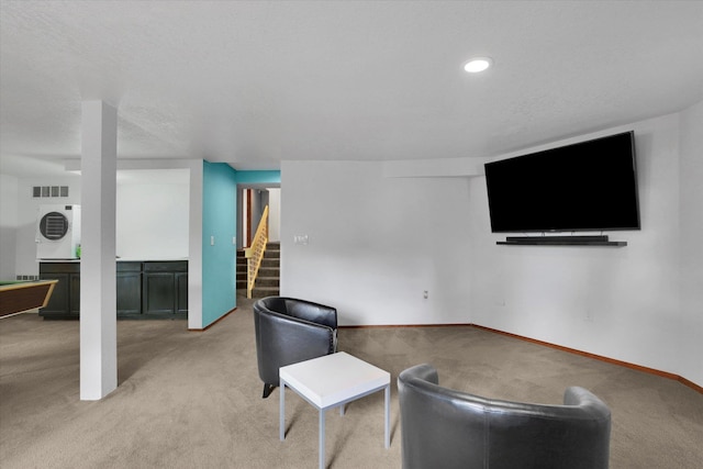 7101 N Greenwood Pl, Spokane, WA 99208 - living area with light carpet, stairway, baseboards, bar area, and recessed lighting