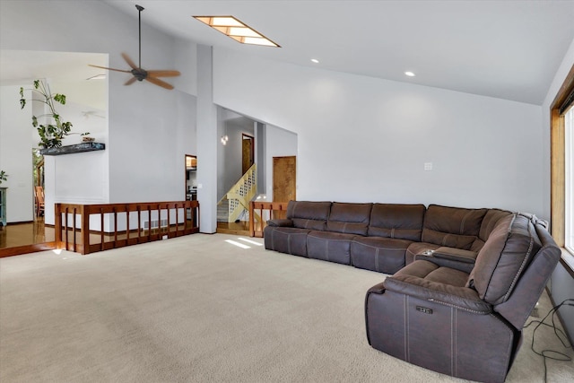 7101 N Greenwood Pl, Spokane, WA 99208 - carpeted living room with a ceiling fan, stairs, recessed lighting, and high vaulted ceiling