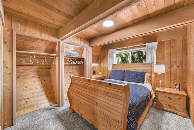 1418 E Blackburn Rd, Wa, WA 98274 - bedroom with wood walls, carpet flooring, wooden ceiling, and beam ceiling