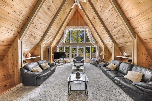 1418 E Blackburn Rd, Wa, WA 98274 - living room featuring wooden walls, wooden ceiling, carpet floors, and a ceiling fan