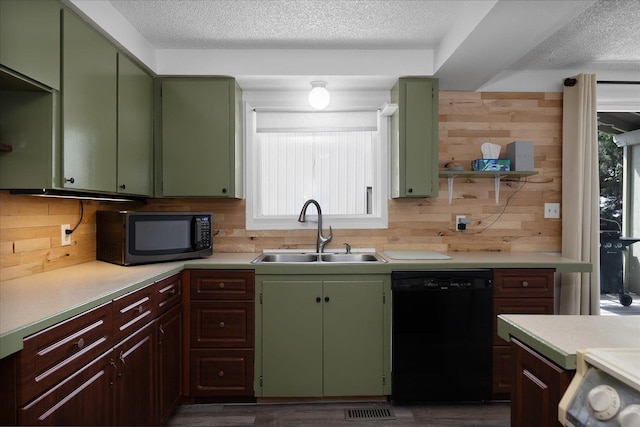 2623 W Olympic Ave, Spokane, WA 99205 - kitchen with black appliances, green cabinets, a textured ceiling, light countertops, and tasteful backsplash