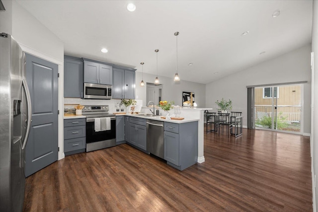 kitchen with stainless steel appliances, gray cabinetry, a sink, a peninsula, and dark wood-type flooring