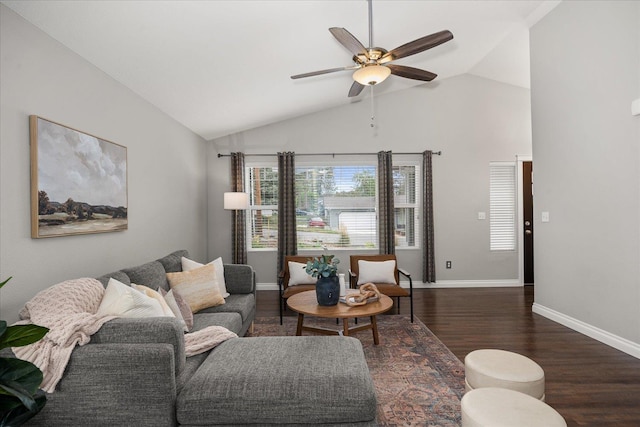 living room featuring wood finished floors, ceiling fan, baseboards, and high vaulted ceiling