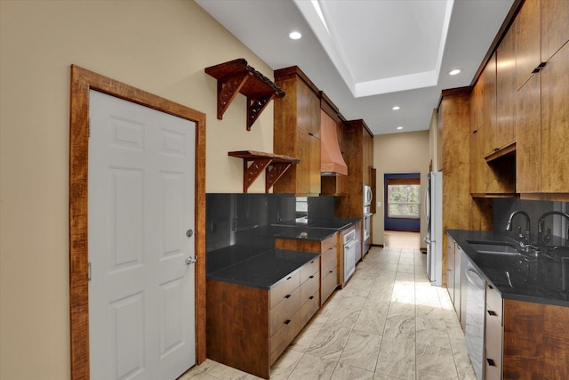 30915 N Chipmunk Rd, Chattaroy, WA 99003 - kitchen with a sink, open shelves, dark countertops, freestanding refrigerator, and light marble finish floors