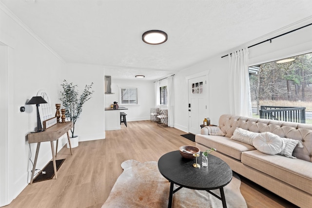 living area with light wood finished floors, healthy amount of natural light, and baseboards