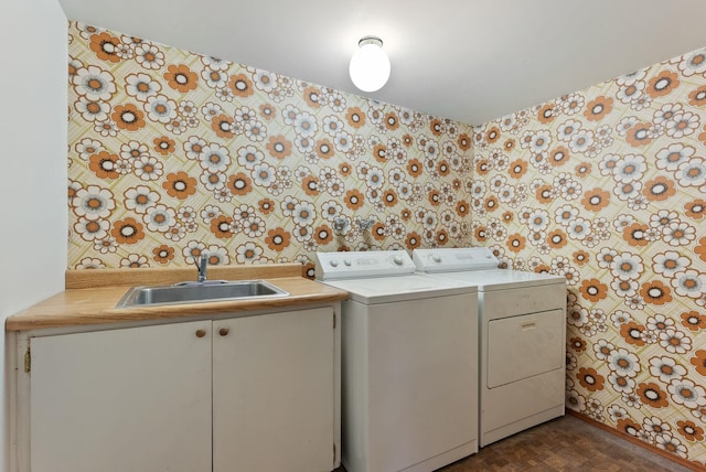 1610 E 35th Ave, Spokane, WA 99203 - clothes washing area with a sink, wallpapered walls, and washing machine and dryer
