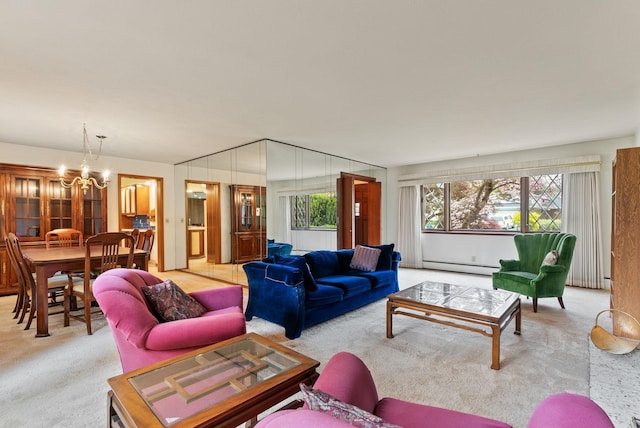 1610 E 35th Ave, Spokane, WA 99203 - living room with baseboard heating, light colored carpet, and a chandelier