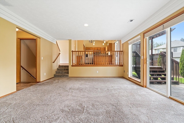 7421 W Lanzce Ct, Nine Mile Falls, WA 99026 - unfurnished living room with carpet, stairway, baseboards, and recessed lighting
