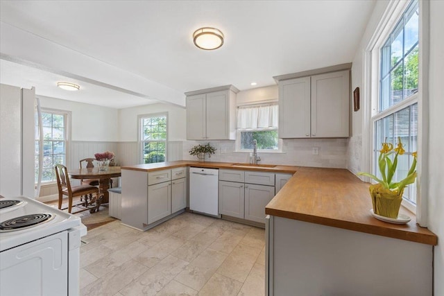 1421 N Sunderland Rd, Spokane Valley, WA 99206 - kitchen featuring white appliances, a sink, gray cabinets, butcher block countertops, and a peninsula