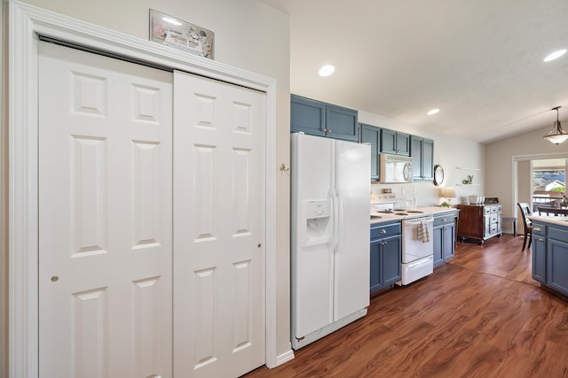 kitchen featuring blue cabinets, white appliances, dark wood-style flooring, vaulted ceiling, and light countertops