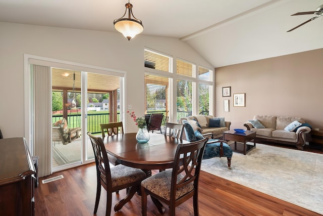 dining space featuring plenty of natural light, wood finished floors, and ceiling fan