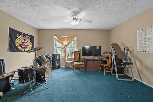 14203 E Belmont Rd, Mica, WA 99023 - home office with carpet floors, a ceiling fan, baseboards, and a textured ceiling