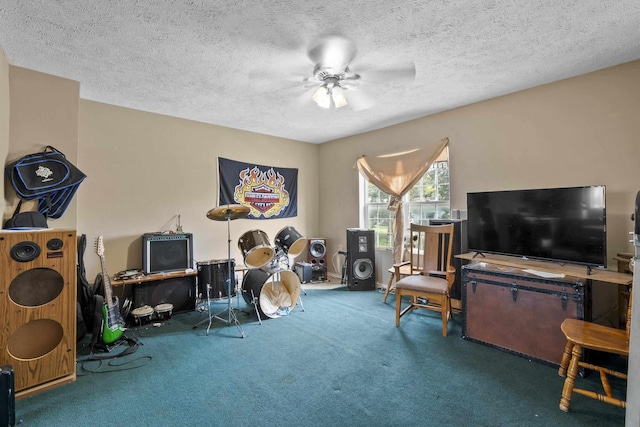 14203 E Belmont Rd, Mica, WA 99023 - carpeted living room with a ceiling fan, a desk, and a textured ceiling