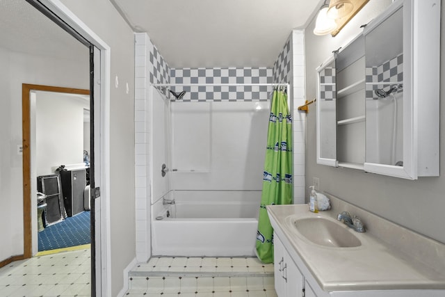14203 E Belmont Rd, Mica, WA 99023 - full bath with shower / bathtub combination with curtain, vanity, tile patterned floors, and baseboards
