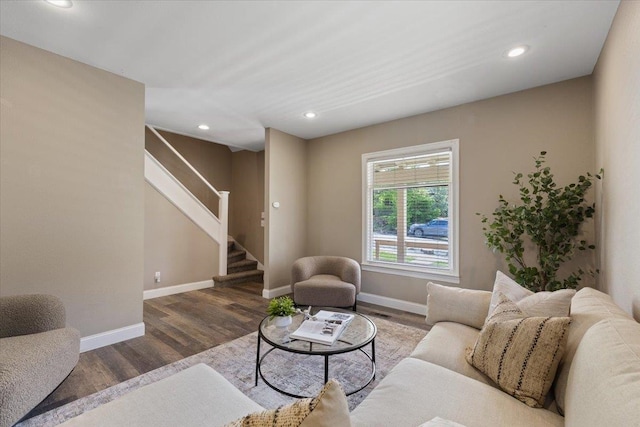 1721 E 12th Ave, Spokane, WA 99202 - living area with baseboards, stairs, wood finished floors, and recessed lighting