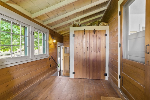 8310 E Belair Rd, Valleyford, WA 99036 - doorway to outside featuring hardwood / wood-style flooring, wooden walls, and wood ceiling