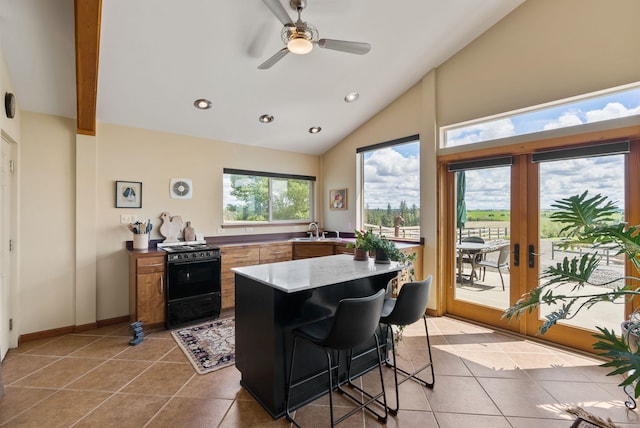 8310 E Belair Rd, Valleyford, WA 99036 - kitchen with gas range oven, a sink, light tile patterned floors, recessed lighting, and high vaulted ceiling