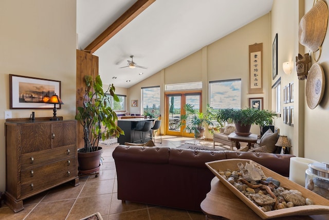 8310 E Belair Rd, Valleyford, WA 99036 - living area featuring ceiling fan, high vaulted ceiling, and tile patterned floors