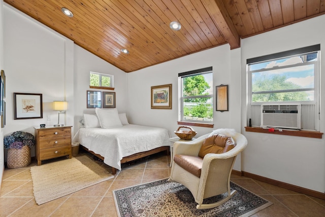 8310 E Belair Rd, Valleyford, WA 99036 - tiled bedroom featuring wood ceiling, vaulted ceiling, recessed lighting, cooling unit, and baseboards
