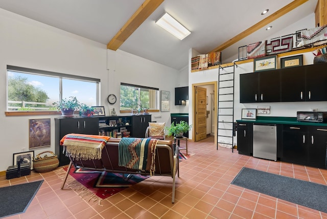 8310 E Belair Rd, Valleyford, WA 99036 - living room with light tile patterned flooring, high vaulted ceiling, beam ceiling, and bar