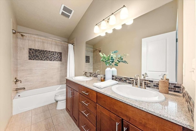 7708 N Warren Ln, Spokane, WA 99208 - full bathroom featuring toilet, shower / bath combination with curtain, tile patterned flooring, and double vanity