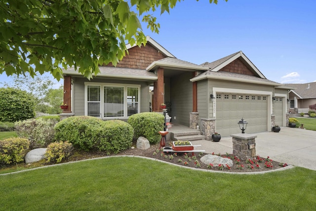 17702 E Galaxy Rd, Greenacres, WA 99016 - view of front facade with an attached garage, a front yard, driveway, a shingled roof, and stone siding