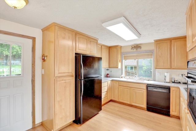 13227 N E Newman Lake Dr, Newman Lake, WA 99025 - kitchen with black appliances, light brown cabinetry, healthy amount of natural light, light wood finished floors, and a textured ceiling