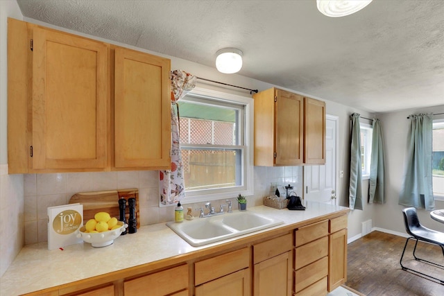 kitchen with a sink, a textured ceiling, light countertops, backsplash, and dark wood finished floors