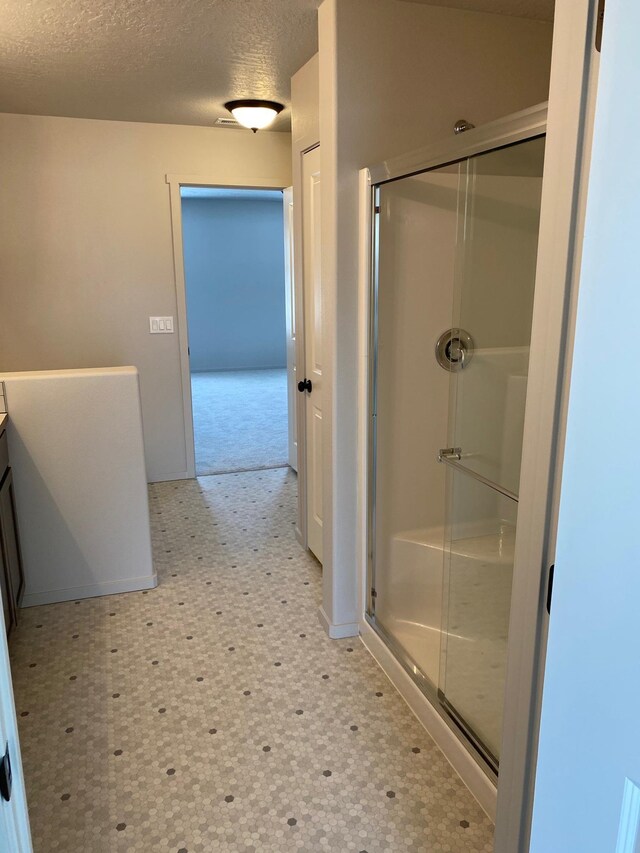18718 E Riverside Ct, Spokane Valley, WA 99016 - bathroom with tile patterned floors, a stall shower, vanity, a textured ceiling, and baseboards