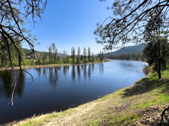 water view with a mountainous background and a heavily wooded area