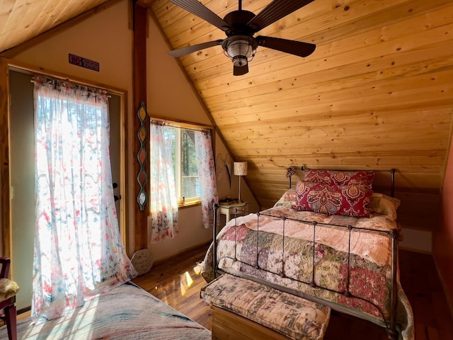 bedroom with wooden ceiling, vaulted ceiling, wood finished floors, and a ceiling fan