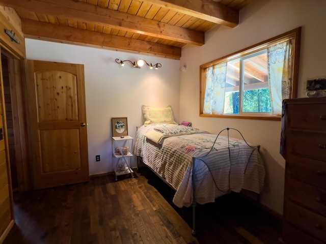 bedroom featuring wood finished floors, wood ceiling, and beam ceiling