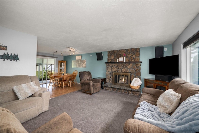 24005 E Garland Ave, Otis Orchards, WA 99027 - living room with plenty of natural light, a stone fireplace, and carpet