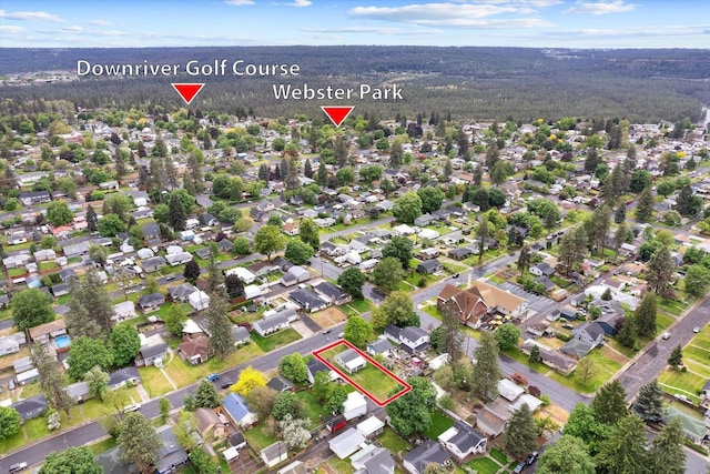 3424 W Princeton Ave, Spokane, WA 99205 - aerial overview of property's location with property parcel outlined, a forest, and nearby suburban area