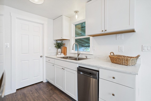 3424 W Princeton Ave, Spokane, WA 99205 - kitchen with stainless steel dishwasher, a sink, dark wood-type flooring, white cabinets, and light stone counters