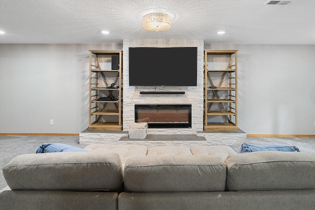 6482 Lakeview Dr, Nine Mile Falls, WA 99026 - carpeted living room featuring baseboards, a textured ceiling, and recessed lighting
