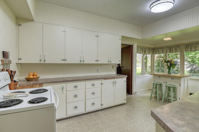 kitchen with electric stove, white cabinetry, and ornamental molding