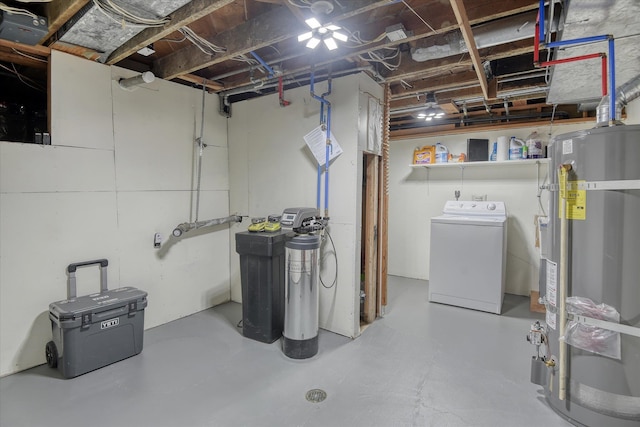 10228 N Whitworth Dr, Spokane, WA 99218 - unfinished basement featuring washer / clothes dryer, a water softener system, and strapped water heater