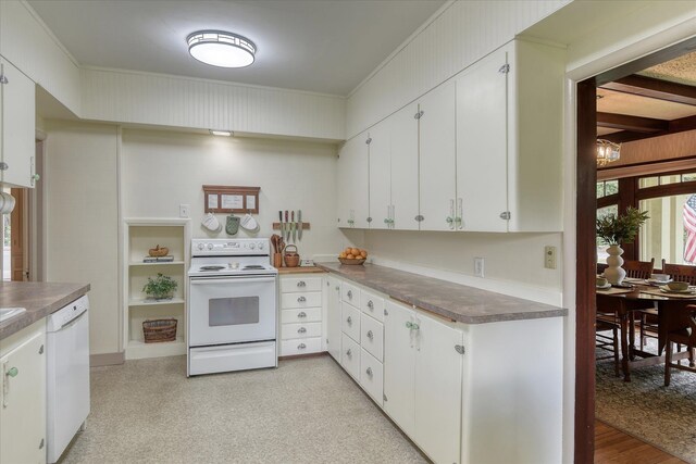 10228 N Whitworth Dr, Spokane, WA 99218 - kitchen featuring white appliances, white cabinets, and crown molding