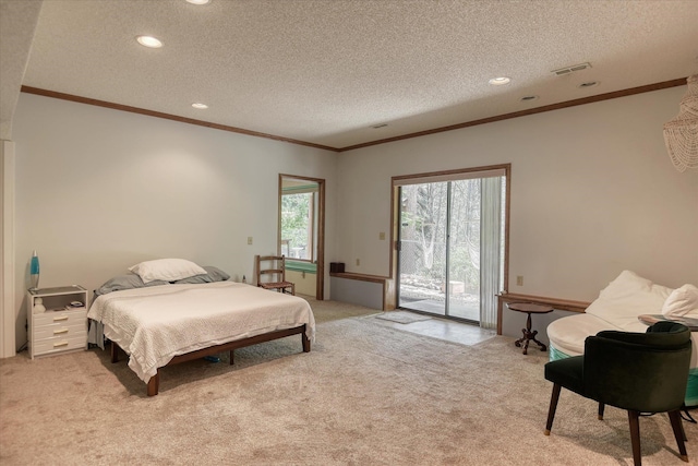 8410 E Columbia Park Dr, Spokane, WA 99212 - bedroom featuring light carpet, access to outside, a textured ceiling, crown molding, and recessed lighting