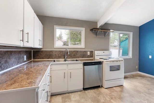 3123 E 36th Ave, Spokane, WA 99223 - kitchen featuring stainless steel dishwasher, electric stove, a sink, healthy amount of natural light, and beamed ceiling