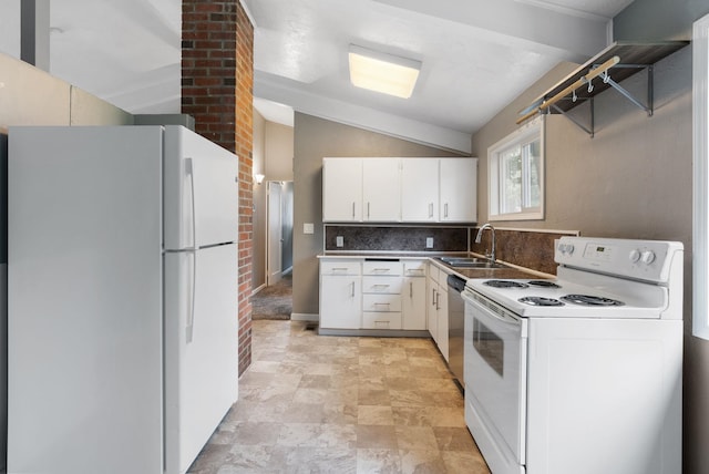 3123 E 36th Ave, Spokane, WA 99223 - kitchen featuring white appliances, a sink, vaulted ceiling, backsplash, and white cabinets
