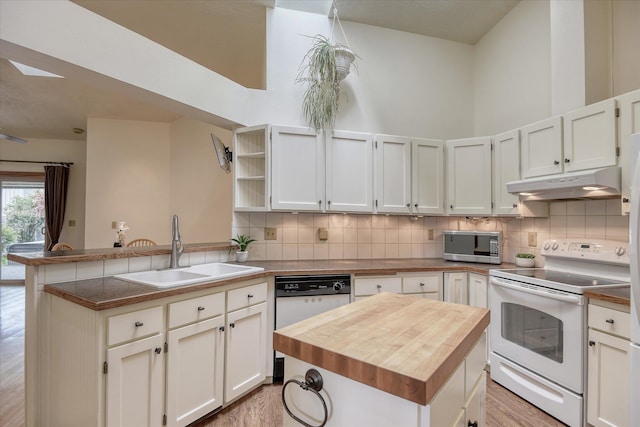 6923 N Hamilton St Unit 6923, Spokane, WA 99208 - kitchen featuring white appliances, under cabinet range hood, a sink, wooden counters, and light wood-style floors