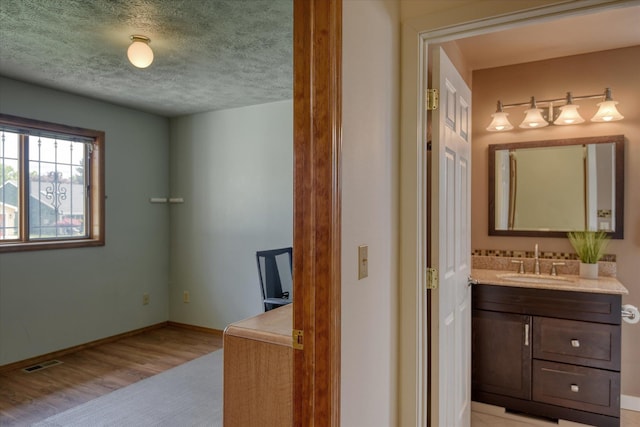 6923 N Hamilton St Unit 6923, Spokane, WA 99208 - bathroom with vanity, baseboards, a textured ceiling, and wood finished floors